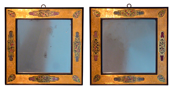 A pair of Italian ebony, giltwood and eglomise square mirrors.