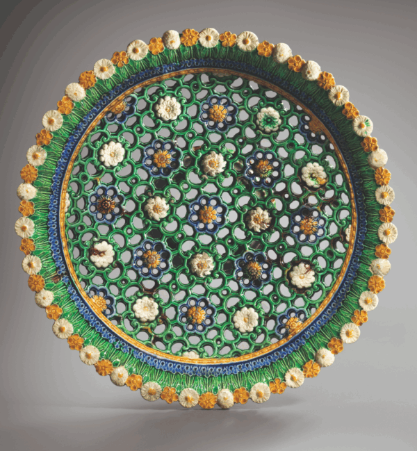 A French post-Palissy lead-glazed earthenware pierced footed dish