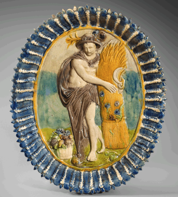 French lead-glazed earthenware oval dishes with Allegories of Spring
