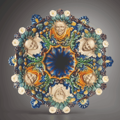 palissy-2025-French post-Palissy-lead-glazed-earthenware-footed-bowls-decorated -with-masks-and-foliage