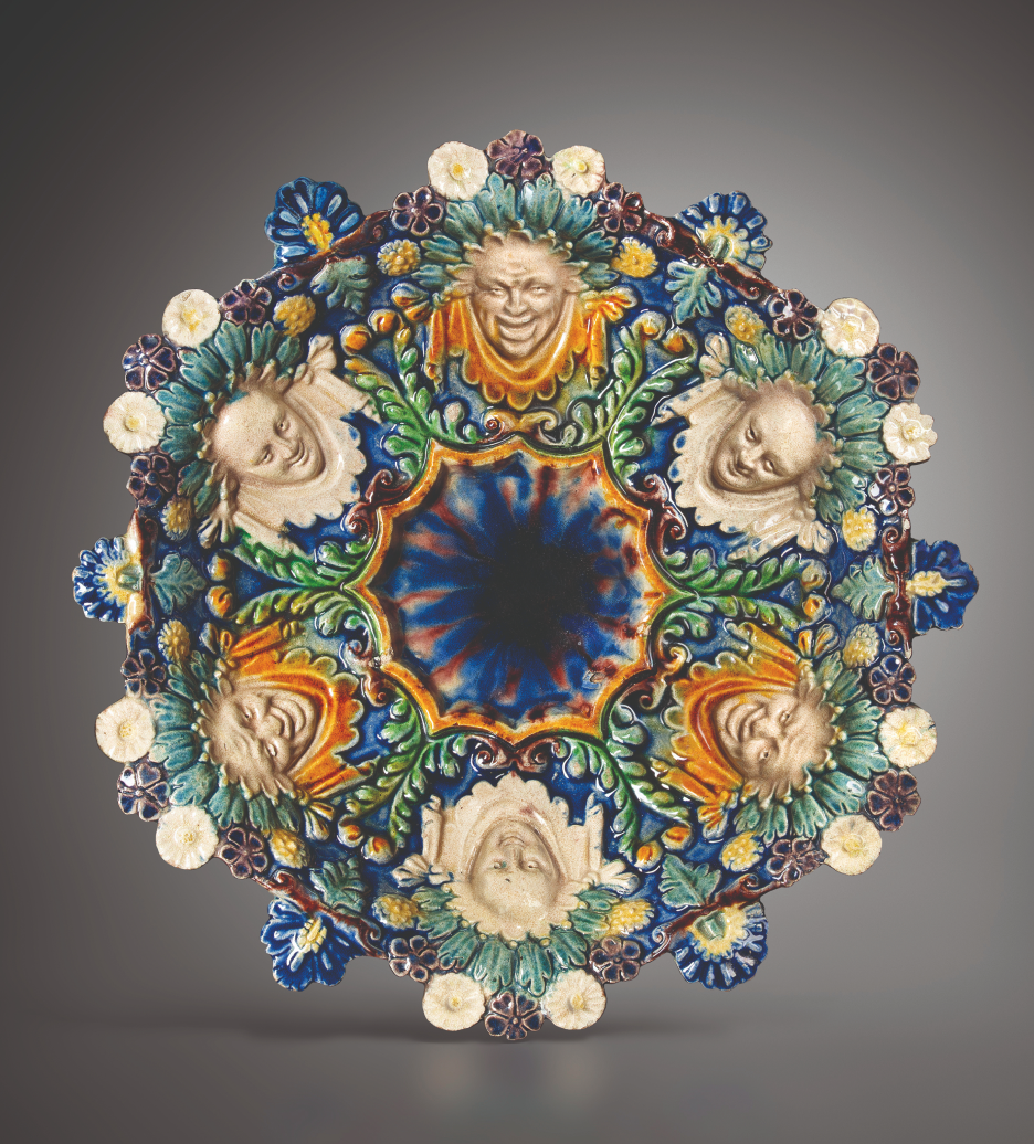 palissy-2025-French post-Palissy-lead-glazed-earthenware-footed-bowls-decorated -with-masks-and-foliage